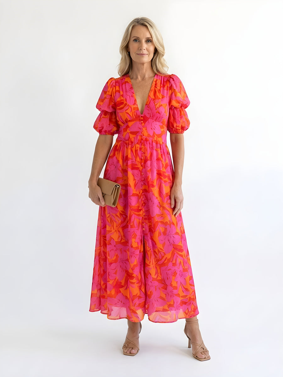 Samara | Abito midi floreale con scollatura a V e maniche a palloncino