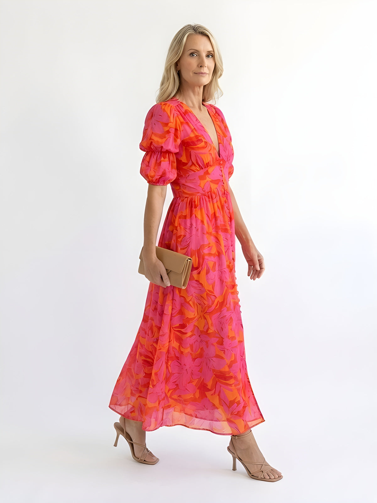 Samara | Abito midi floreale con scollatura a V e maniche a palloncino