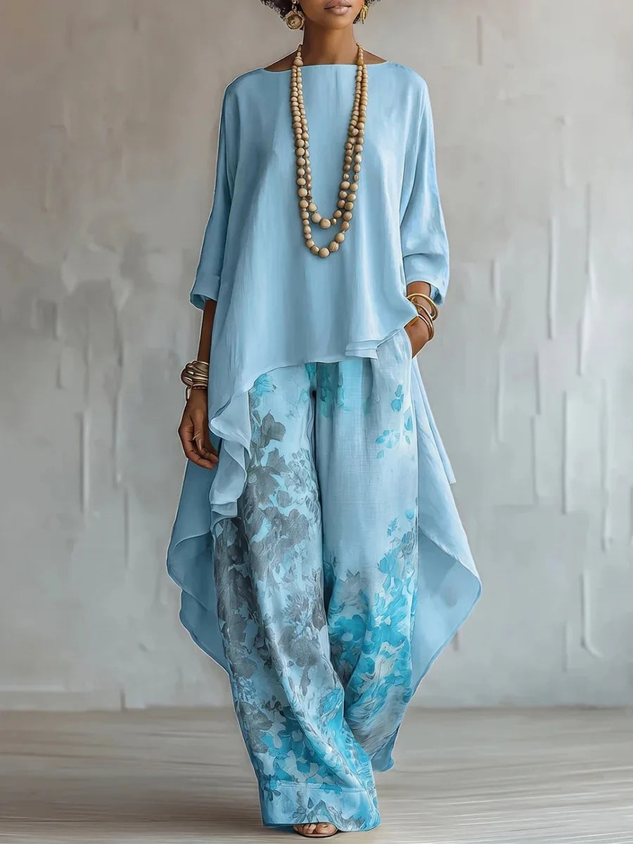 Completo Donna Stampato con Top Asimmetrico e Pantaloni Larghi