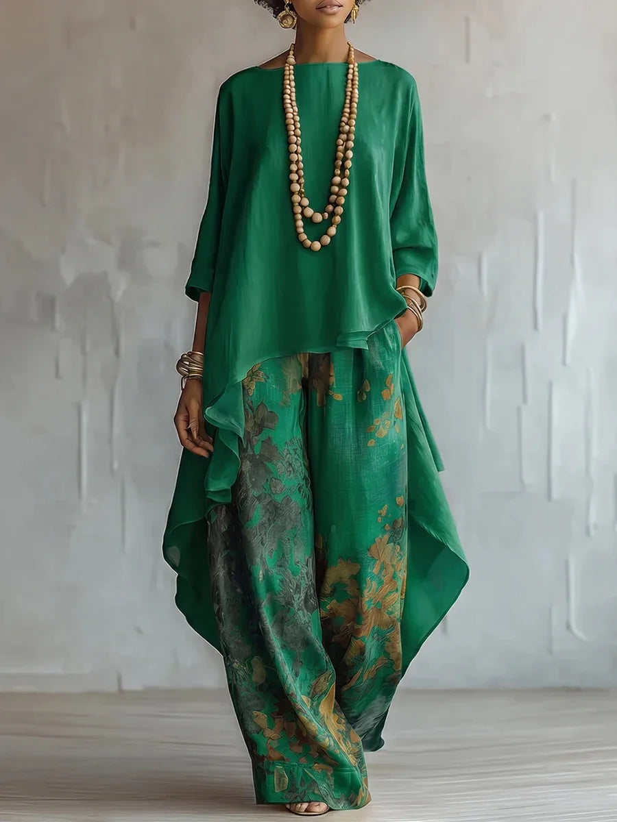 Completo Donna Stampato con Top Asimmetrico e Pantaloni Larghi