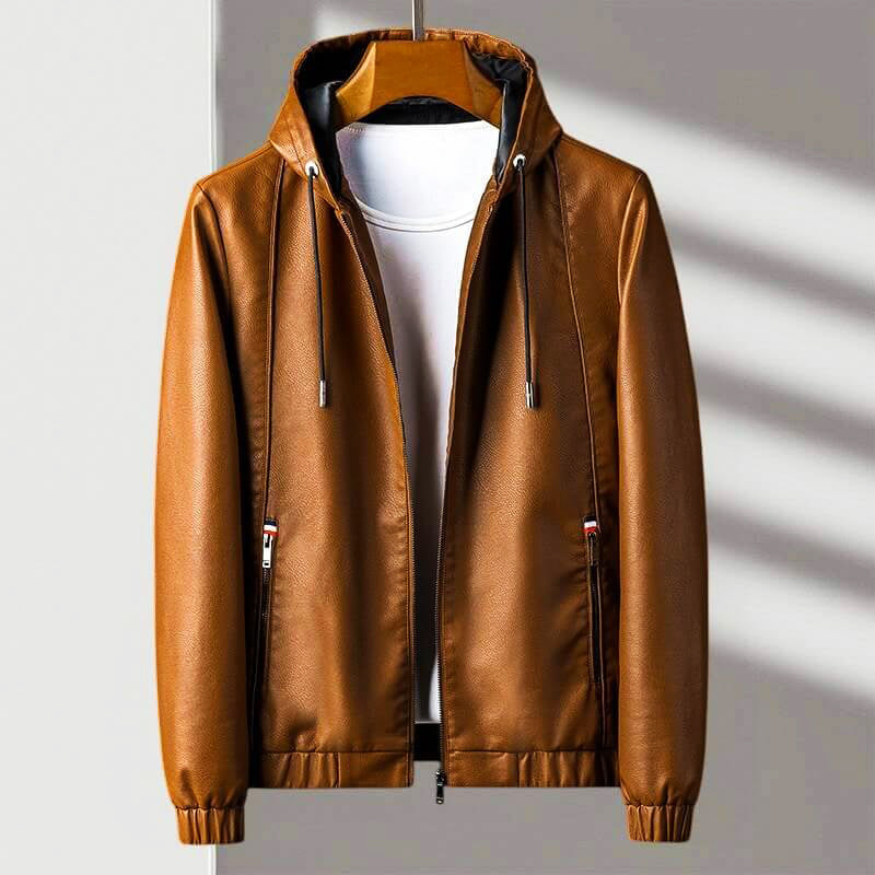 Bentley - Giacca in Pelle con Cappuccio e Zip per Uomo con Polsini a Coste