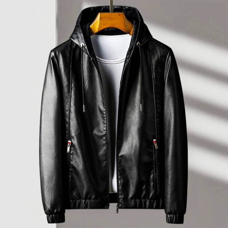 Bentley - Giacca in Pelle con Cappuccio e Zip per Uomo con Polsini a Coste
