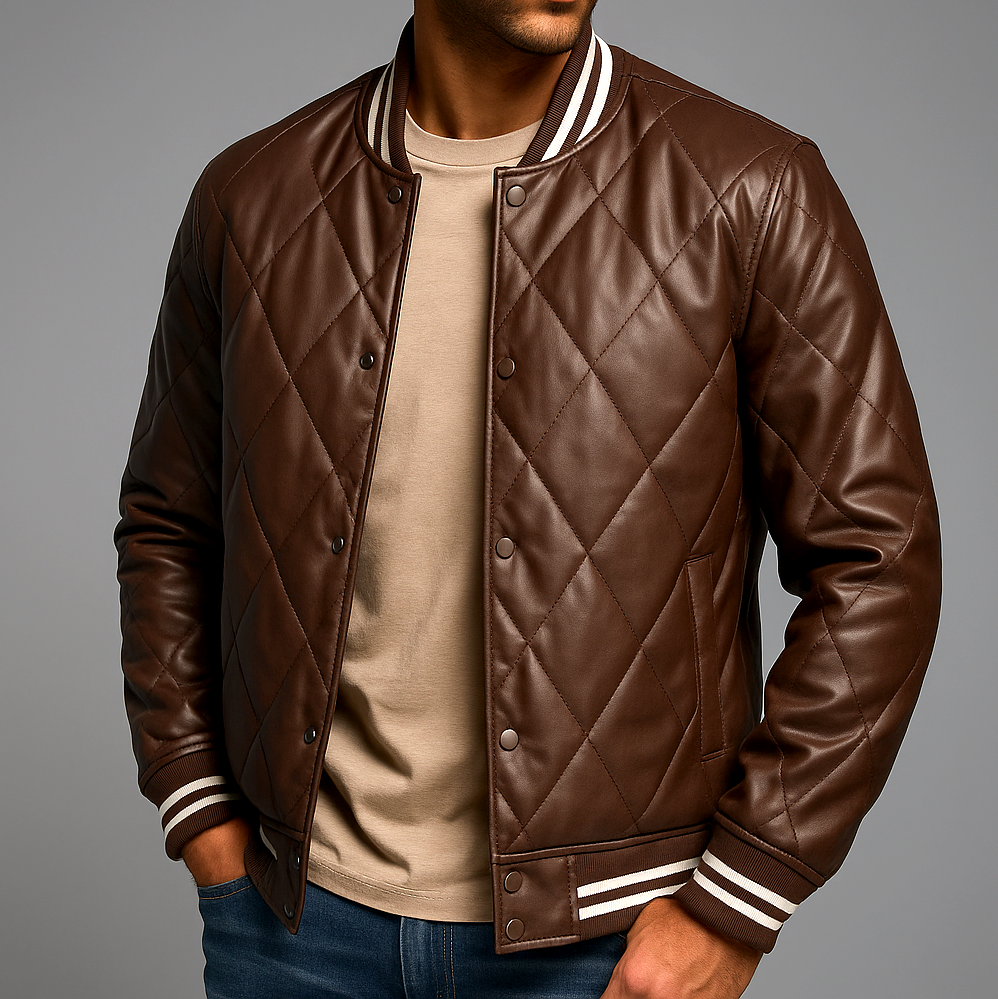 Declan - Giacca Bomber in Pelle con Cuciture a Diamante per Uomini
