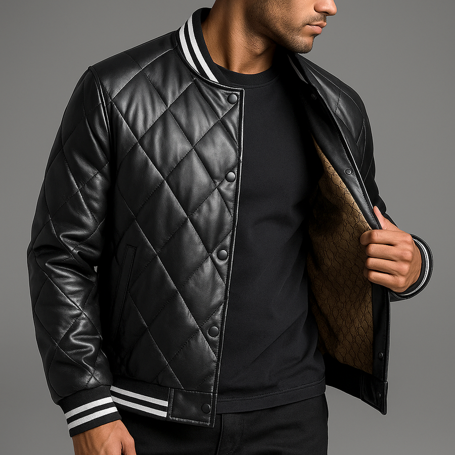 Declan - Giacca Bomber in Pelle con Cuciture a Diamante per Uomini