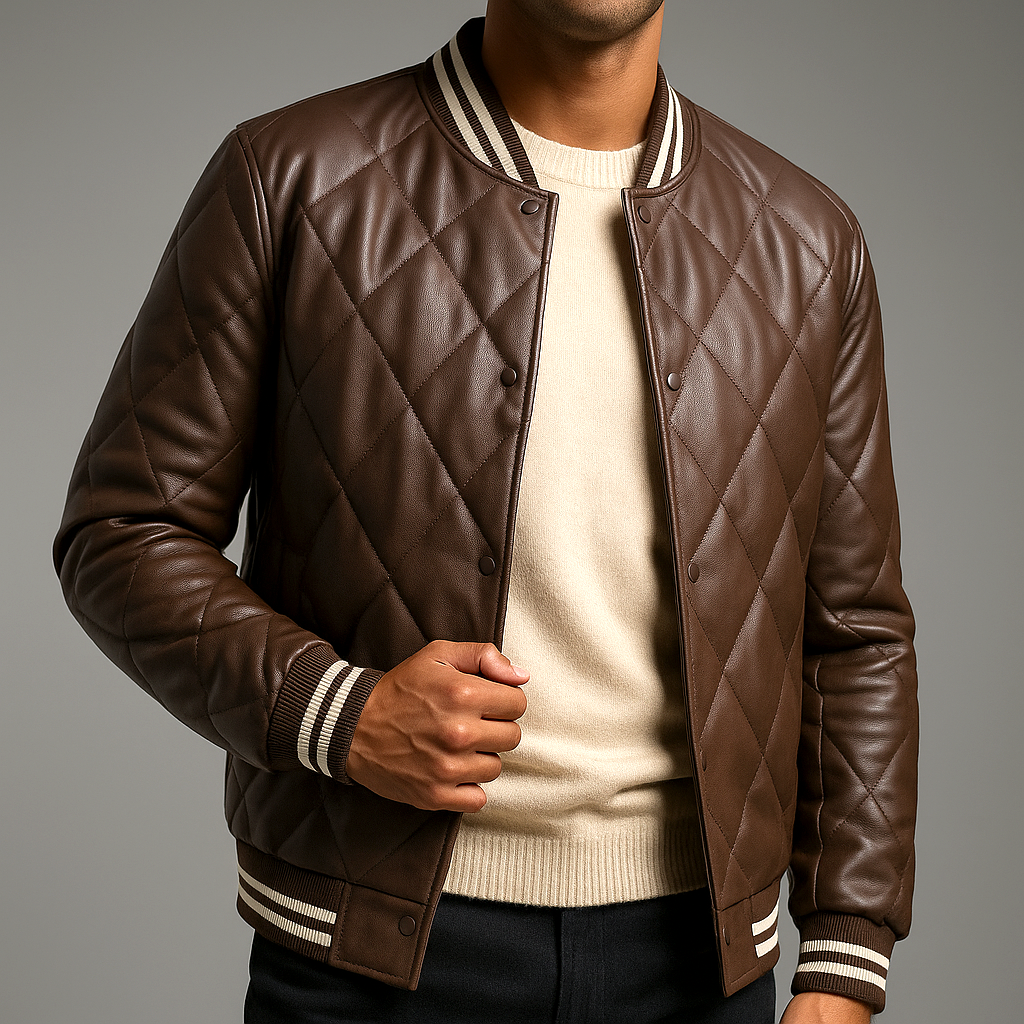 Declan - Giacca Bomber in Pelle con Cuciture a Diamante per Uomini