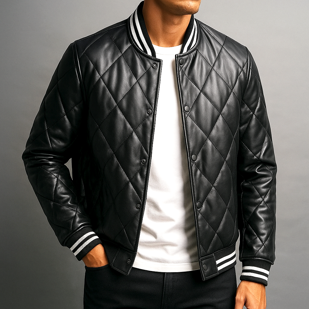 Declan - Giacca Bomber in Pelle con Cuciture a Diamante per Uomini
