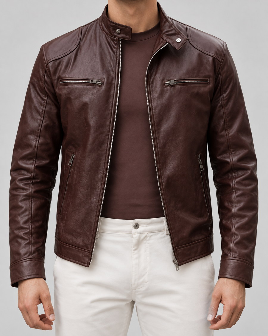 Giacca Uomo Cafe Racer Effetto Pelle Collo Alto con Zip