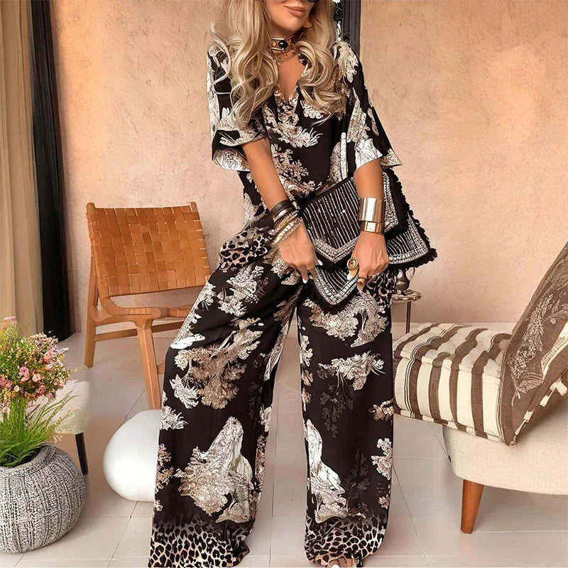 Tasha™ Printed V-Neck Top & Long Pants Set